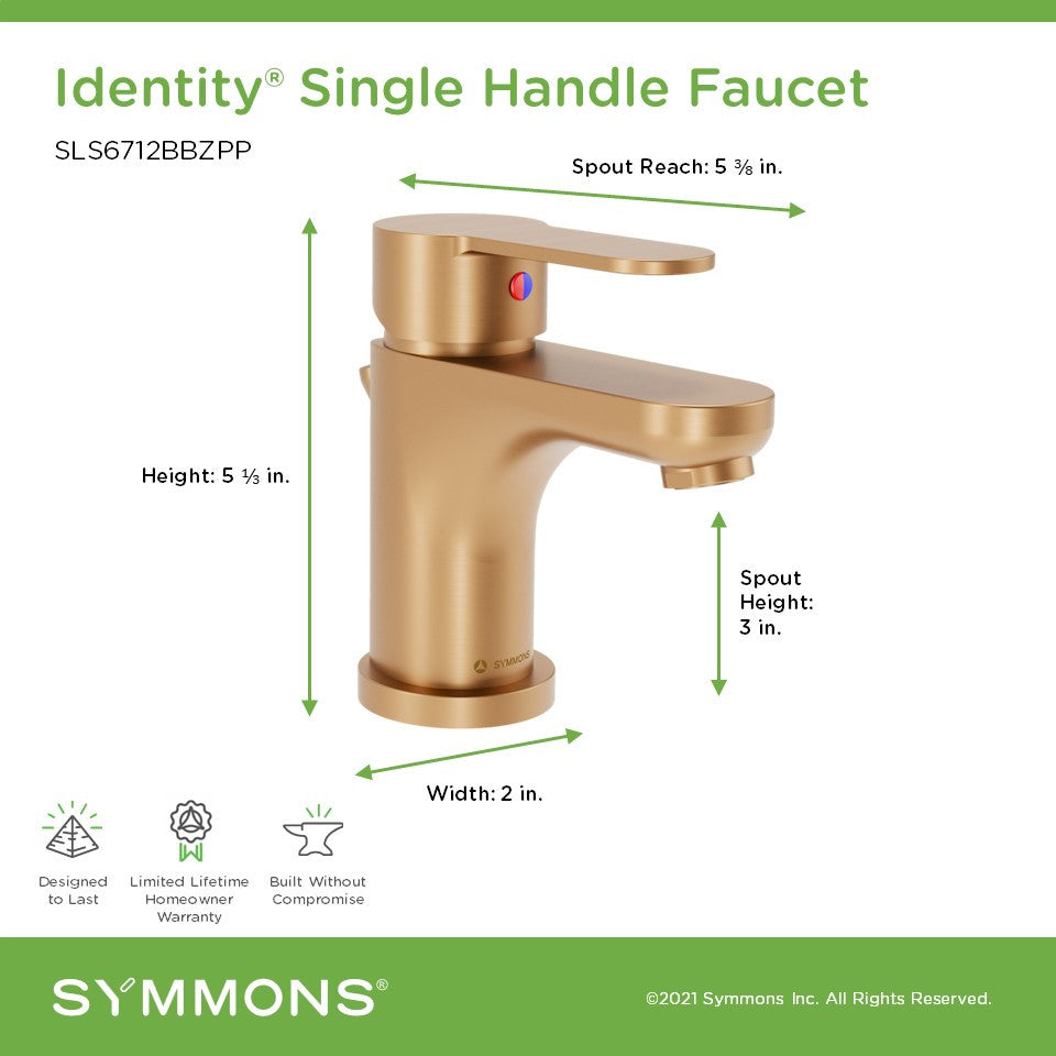 Identity Single-Handle Single Hole Faucet With Drain Assembly, 1.0 gpm, Brushed Bronze, Push Pop Drain
