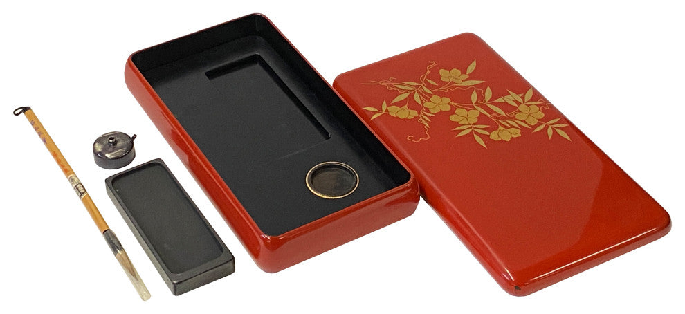 Oriental Asian Red Lacquer Wood Ink Well Dipping Pen Set Display Hws2339