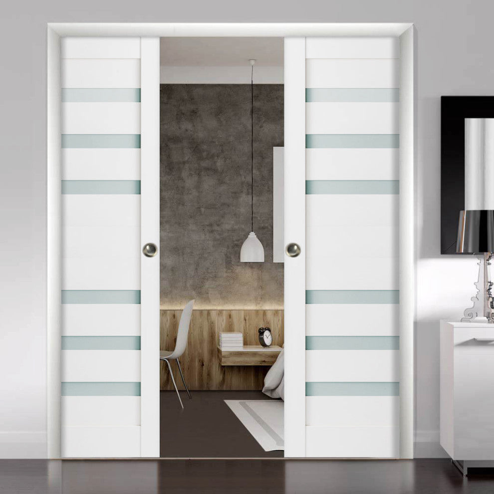 Sliding Interior Double Pocket Doors|Frosted Glass|Quadro 4266 White Silk 72x96