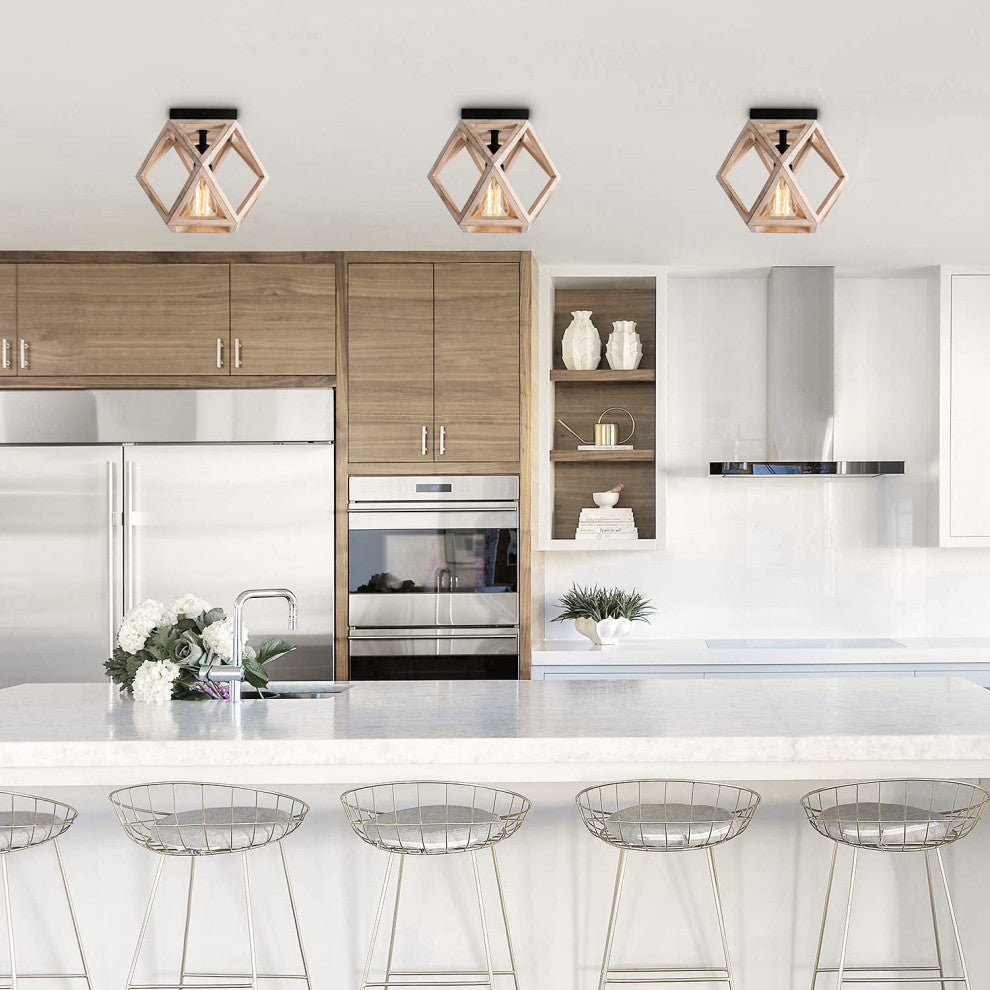 Industrial Wood Flush Mount Ceiling Lamp Farmhouse Close to Ceiling Lighting Fix