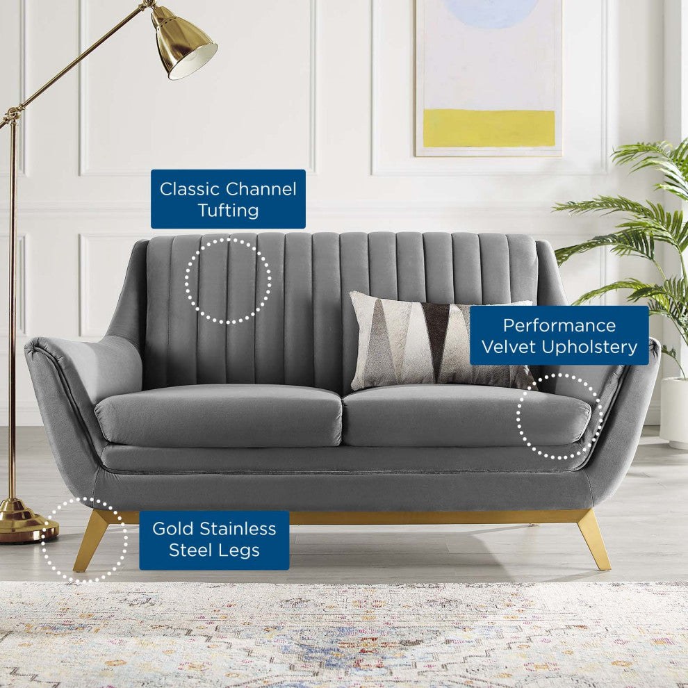 Tufted Loveseat Sofa, Velvet, Gray, Modern, Living Lounge Hotel Hospitality