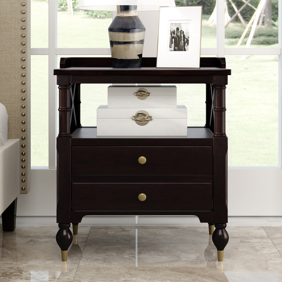 2-Drawer Solid Wood Nightstand with Open Shelf, Espresso, 27" Tall