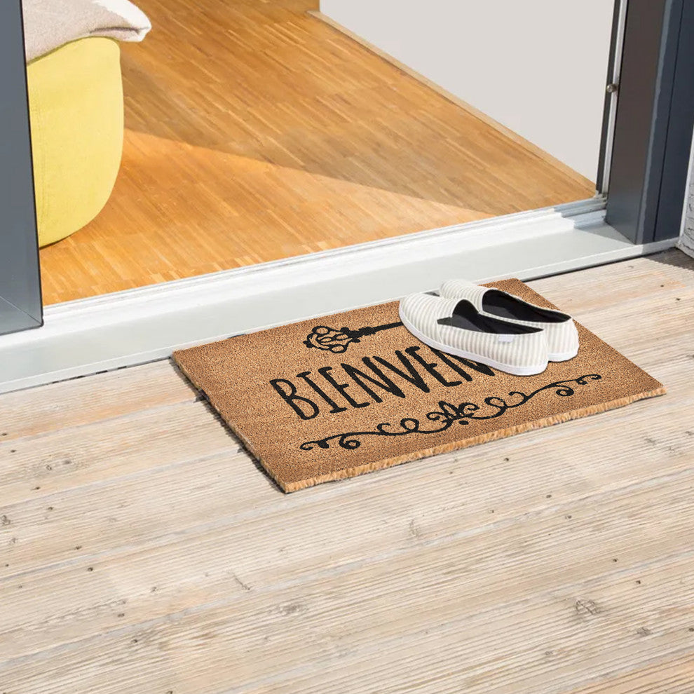 Sheltered Front Door Mat Coir Coco Fibers Rug 24x16, Bienvenue