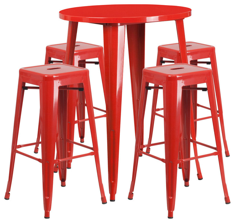 30" Round Red Metal Bar 5-Piece Table Set With 4 Square Seat Backless Stools
