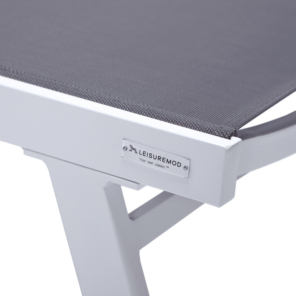 LeisureMod Marlin Patio Chaise Lounge Chair With Arms White Frame, Dark Gray
