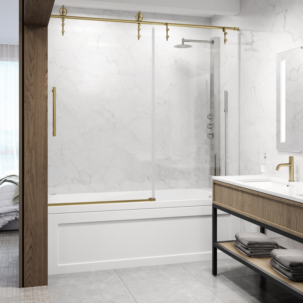 VIGO Hamilton Frameless Sliding, Matte Brushed Gold, Tub Door, 56" to 60" W X 68" H, Clear Glass