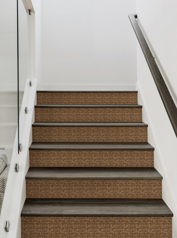 Wicker Weave Peel and Stick Stair Riser Strips, Brown, 48"x7", Set of 6