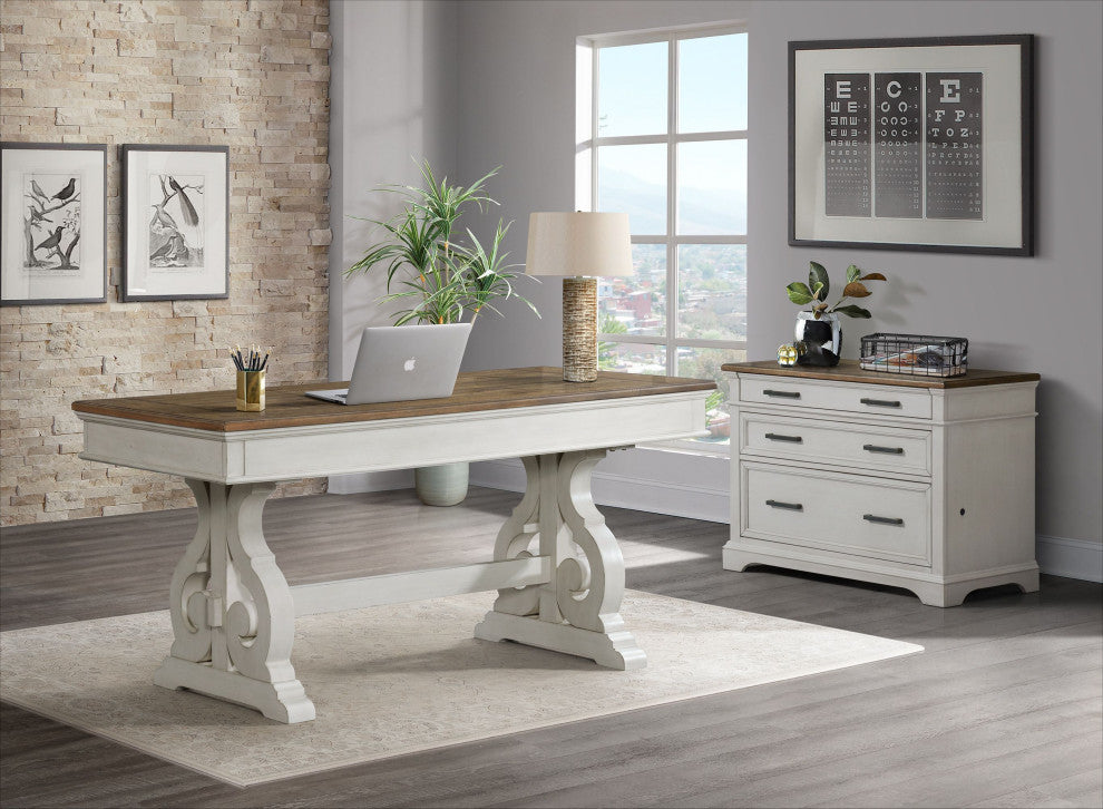 Drake 60" Wide Writing Desk, Rustic White and French Oak