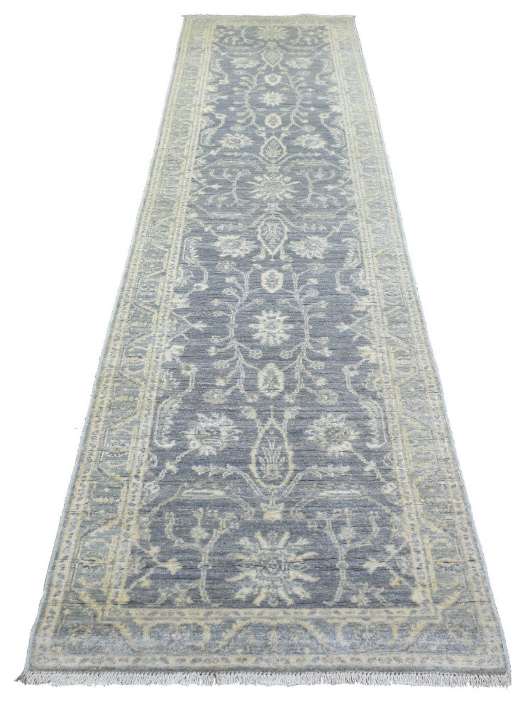 Stone Gray Extra Soft Wool Hand Knotted, Fine Peshawar Runner Rug, 2'9"x11'5"