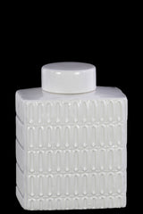 Ceramic Rectangle Jar, Lid and Embossed Oval Patterns Design Body, White