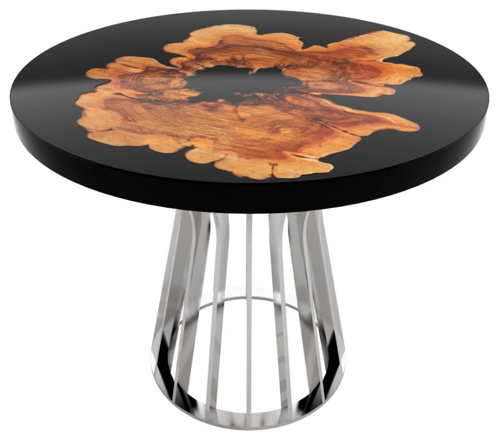Cross-Cut Olive Wood Round Table, Black Top and Chrome Base, 6 Seater