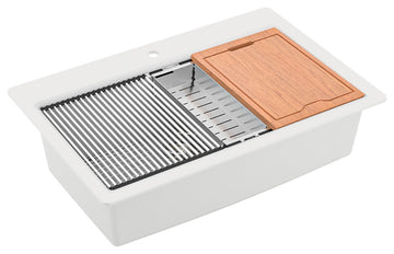 Karran Top Mount 33" Single Bowl Quartz Workstation Kitchen Sink, White