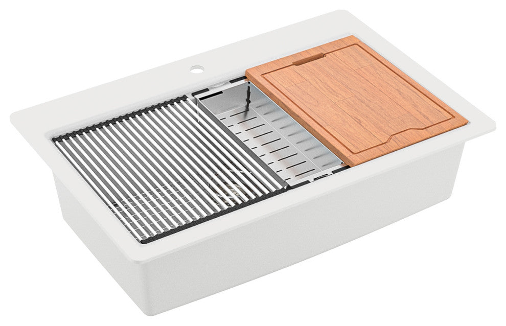 Karran Top Mount 33" Single Bowl Quartz Workstation Kitchen Sink, White