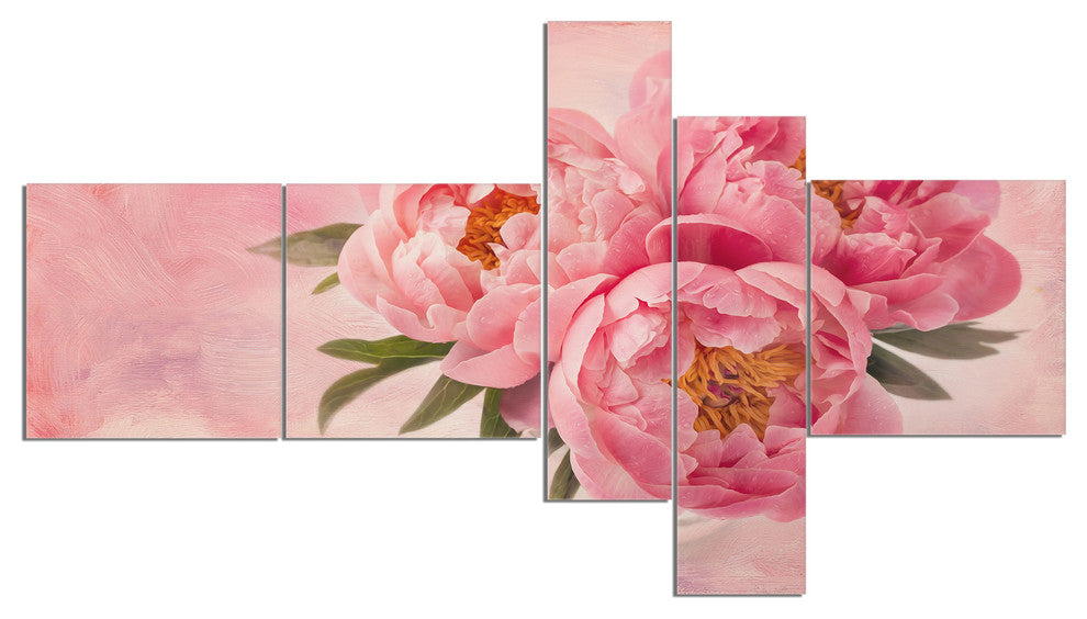 Peony Flowers in Vase on Pink, Floral Canvas Art Print, 60"x32", 5 panels