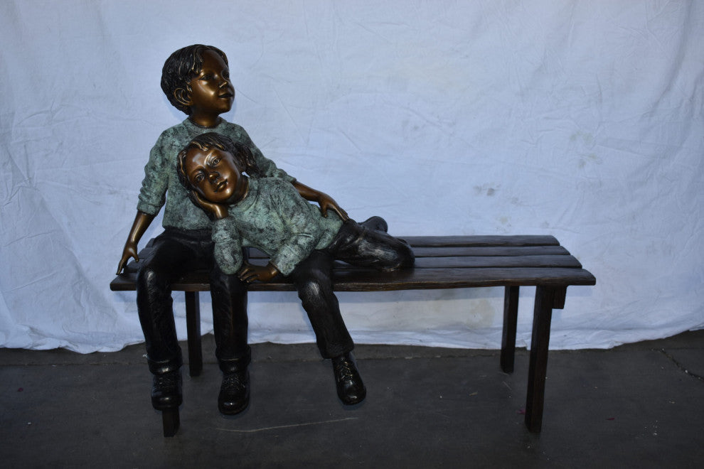 Brother and Sister on A Bench Enjoying Outdoors Bronze Statue 18" x 39" x 33"