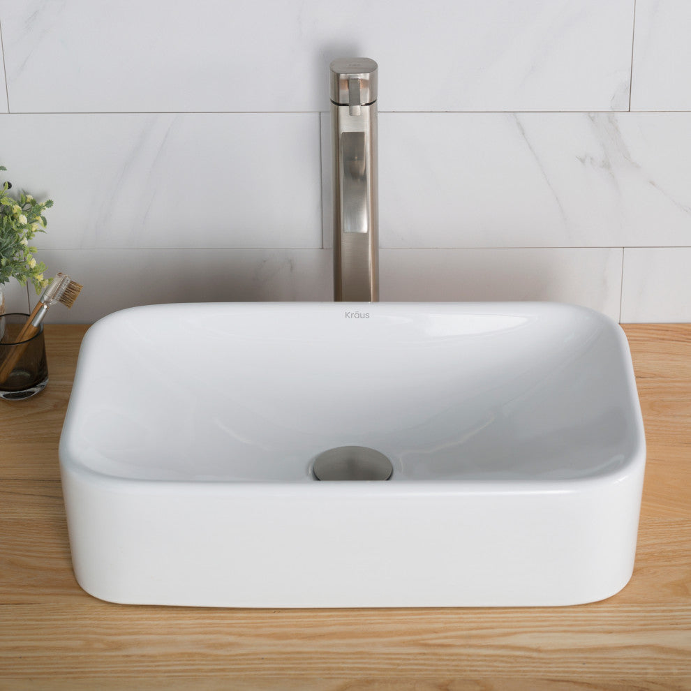 Elavo Rectangle Ceramic Vessel Sink, Bathroom Ramus Faucet, Drain, Nickel