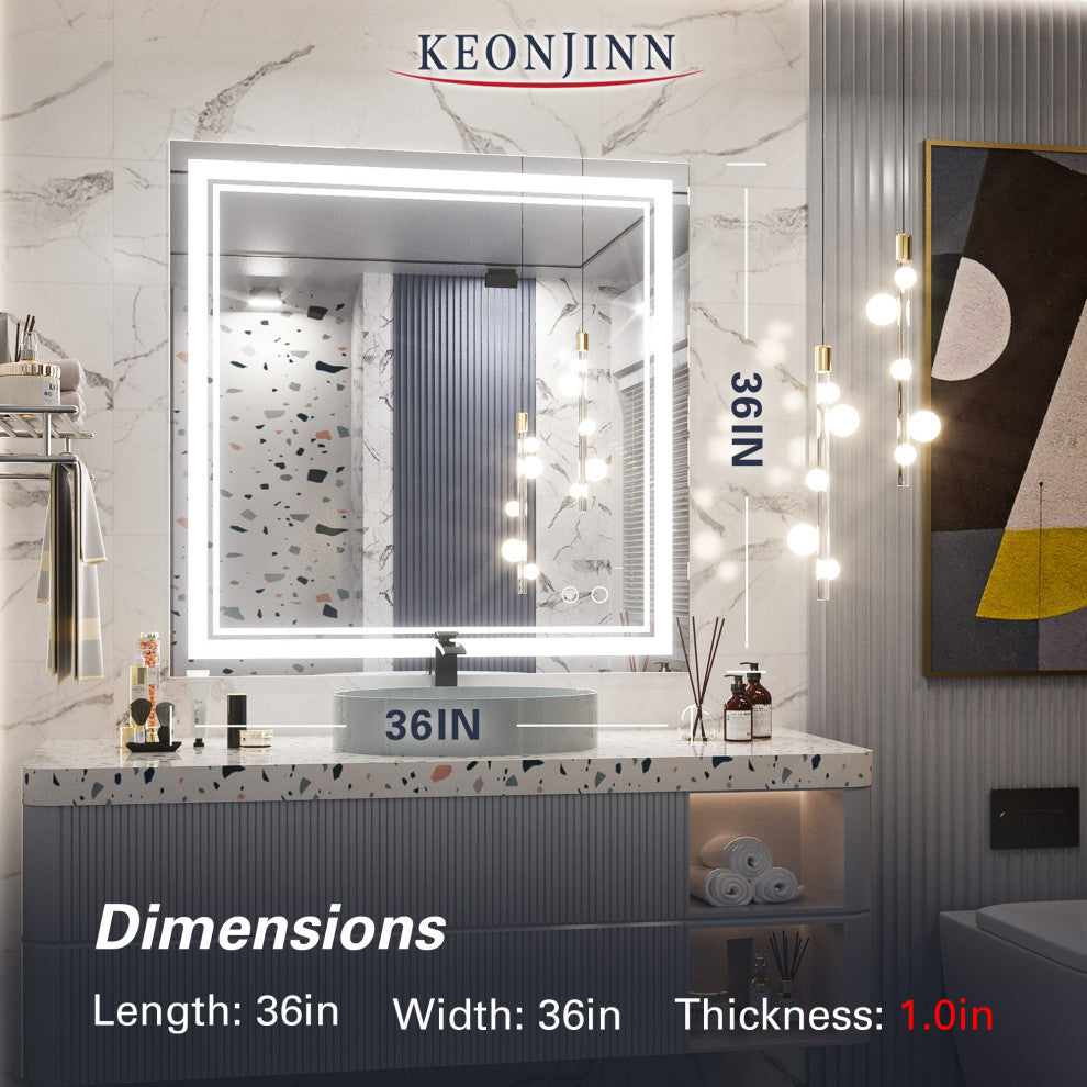 LED Bathroom Mirror, Anti-Fog Memory Dimmable IP54 Waterproof, 36"x36"