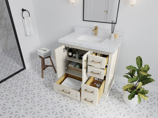 Boston 36" Center Sink Bath Vanity in Alabaster 2" White Quartz