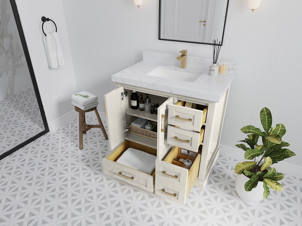 Boston 36" Center Sink Bath Vanity in Alabaster 2" White Quartz