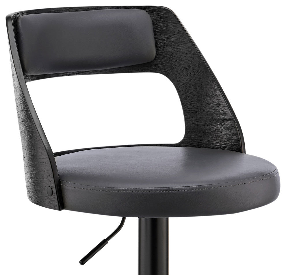 Gray Upholstered Black Base Adjustable Swivel Bar Stool