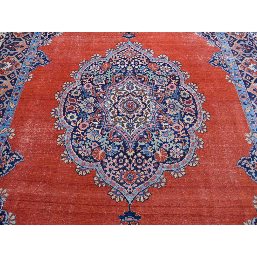 Orange Antique Persian Tabriz Medallion Design Hand Knotted Wool Rug 8'8"x12'