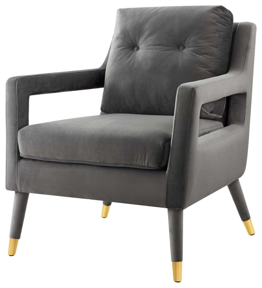 Modern Lounge Accent Side Chair Armchair, Velvet Fabric Wood, Grey Gray