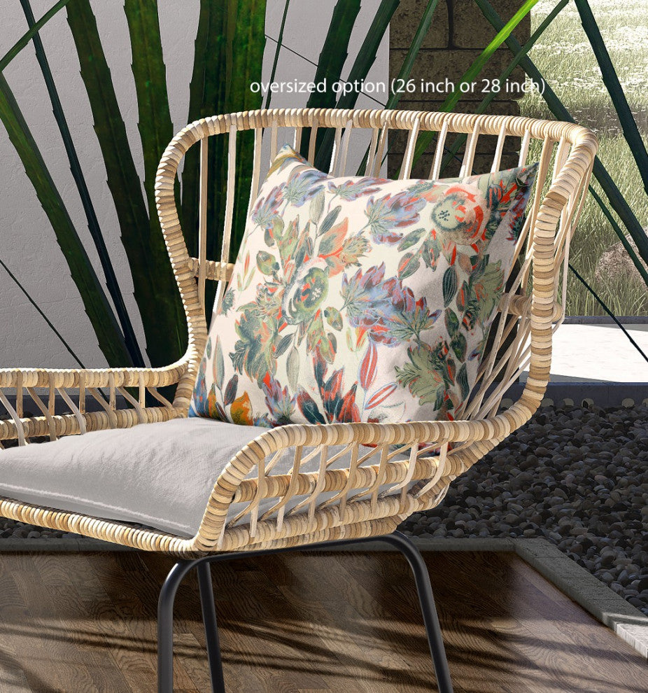 20" Green Beige Florals Indoor Outdoor Zippered Throw Pillow