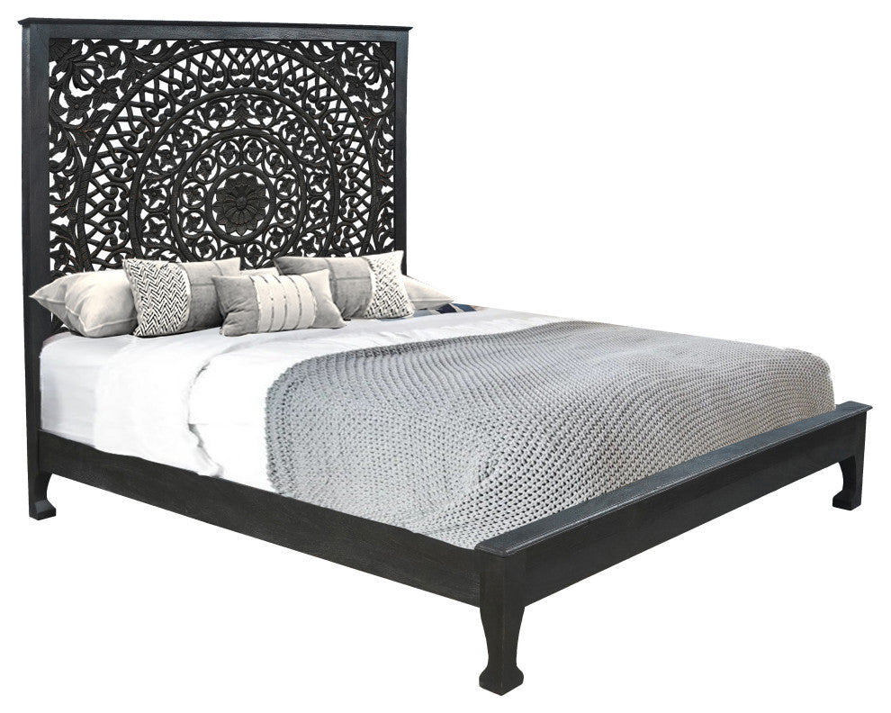 Milano Floral Carved Solid Wood Queen Panel Bed, Black, King