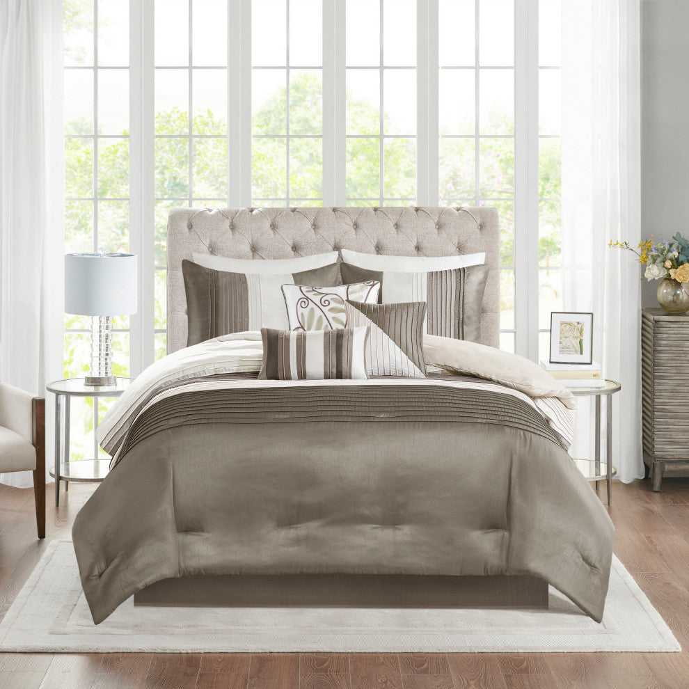 Madison Park Polyoni-Pieced And Pleated 7-Piece Comforter Set, Khaki