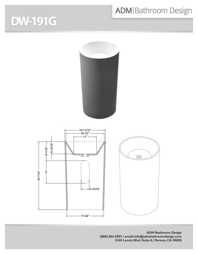 ADM Circular Freestanding Pedestal Sink, White, 20", Glossy White