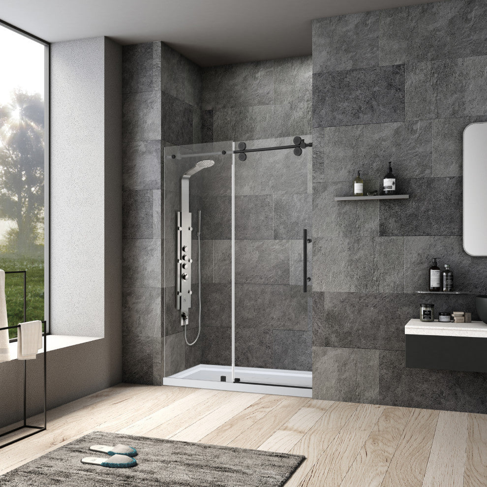 Villena Single Sliding Frameless Shower Door, Matte Black, 52"