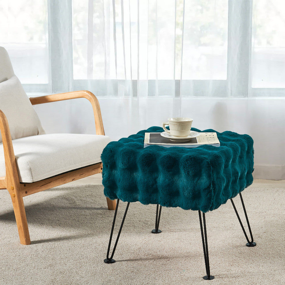 Bubble Square Faux Fur Ottoman Stool, Teal, 17''x17''x17''