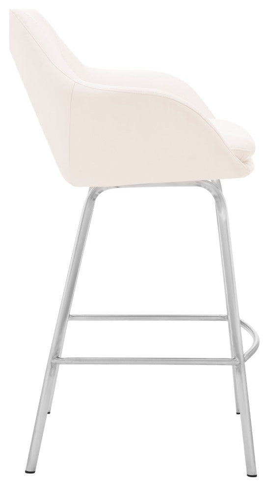 Aura White Faux Leather and Brushed Stainless Steel Swivel 30" Bar Stool