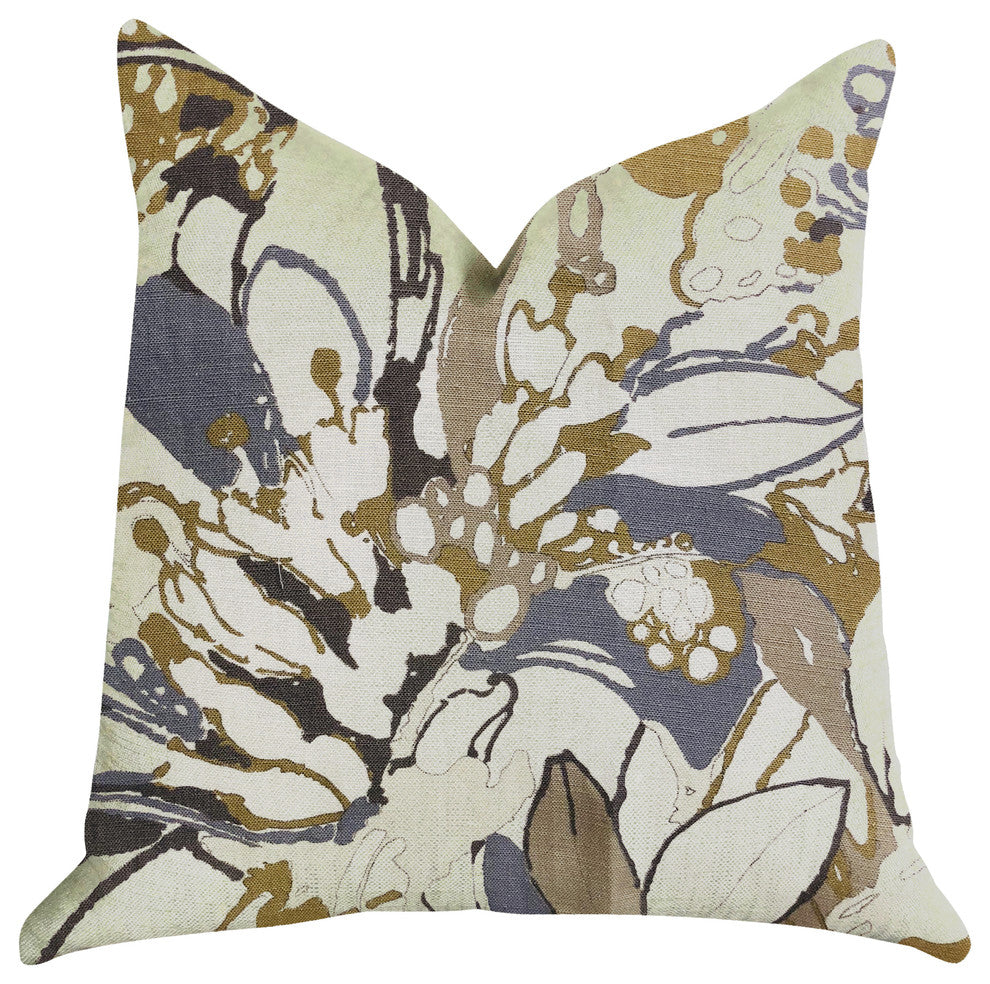 Camellia Floral Blue, Beige Tones Luxury Throw Pillow, 20"x20"