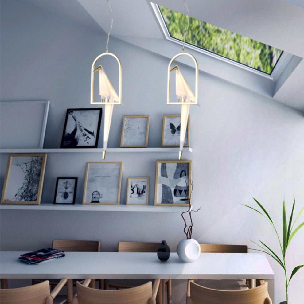 Led Single Pendant Bird Light, White, Gold Frame