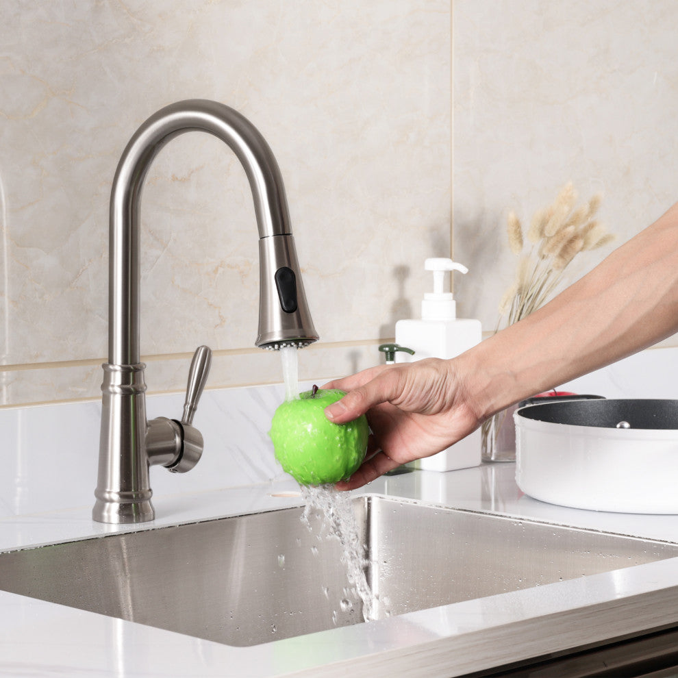Single Handle High Arc Pull Out Kitchen Faucet in Brushed Nickel Finish