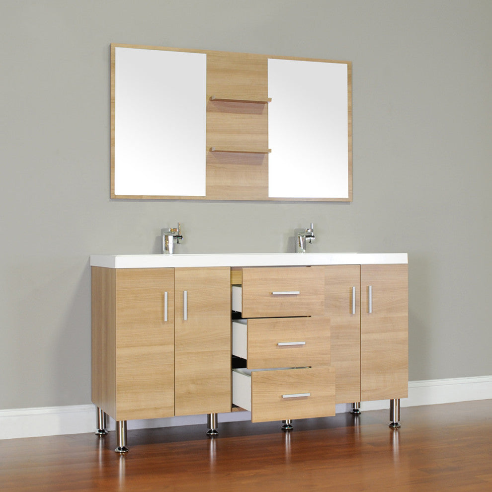 56 Inch Double Modern Bathroom Vanity Wavy Sink In Light Oak Without Mirror
