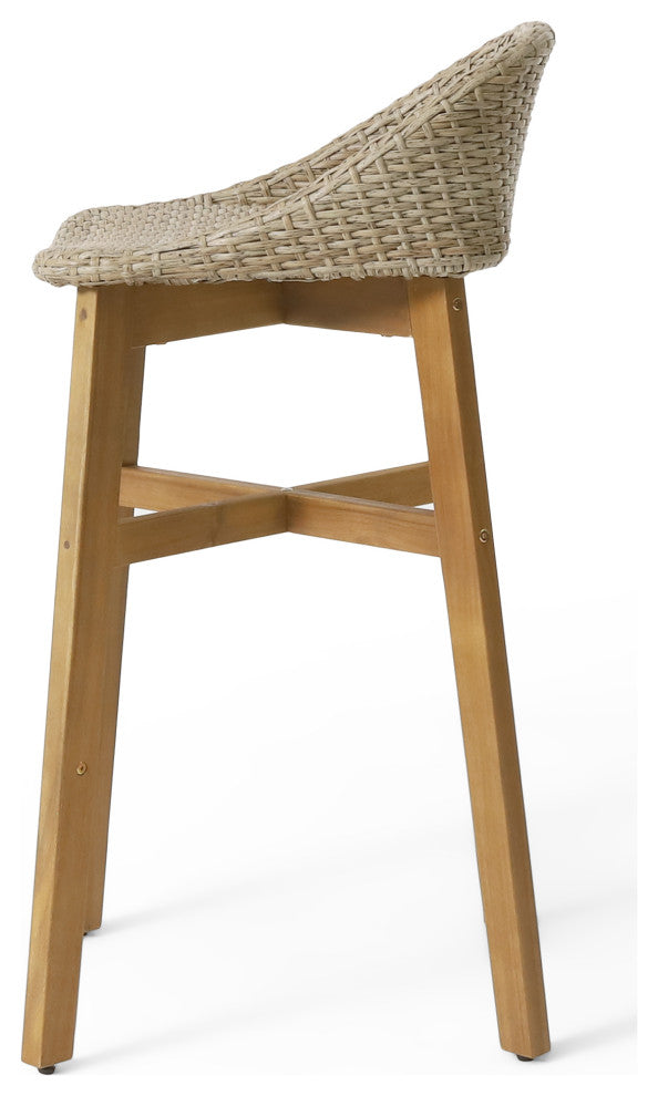 Beeson Outdoor Wicker and Acacia Wood 30" Barstools, Set of 2