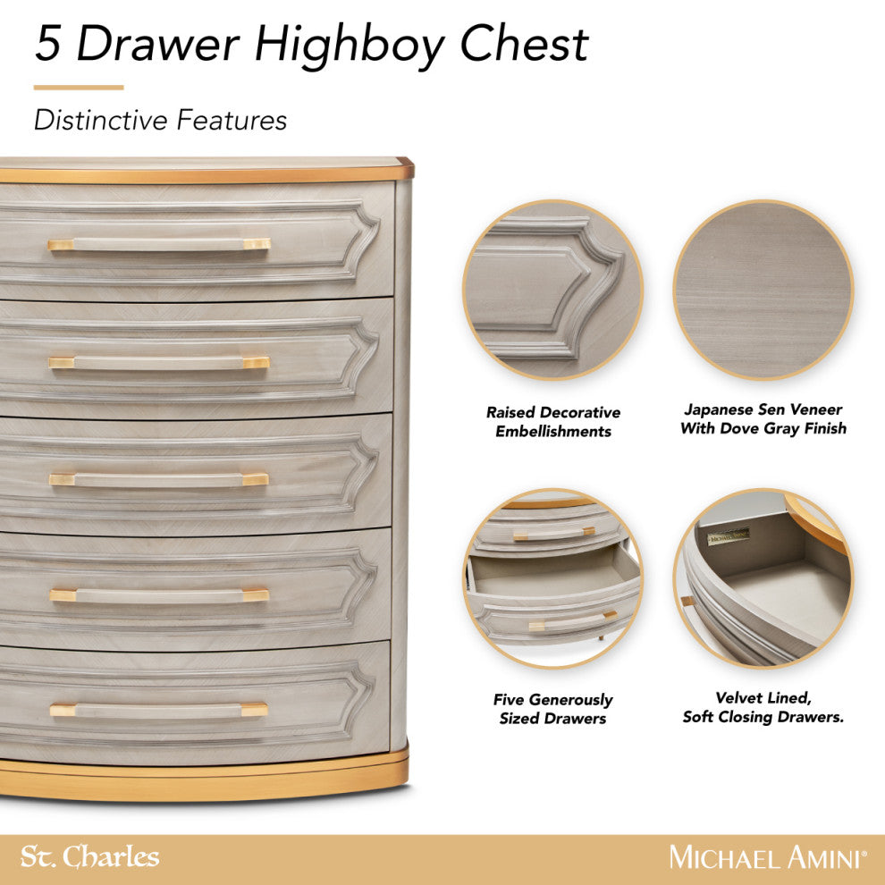 St. Charles 5-Drawer Highboy Chest, Dove Gray