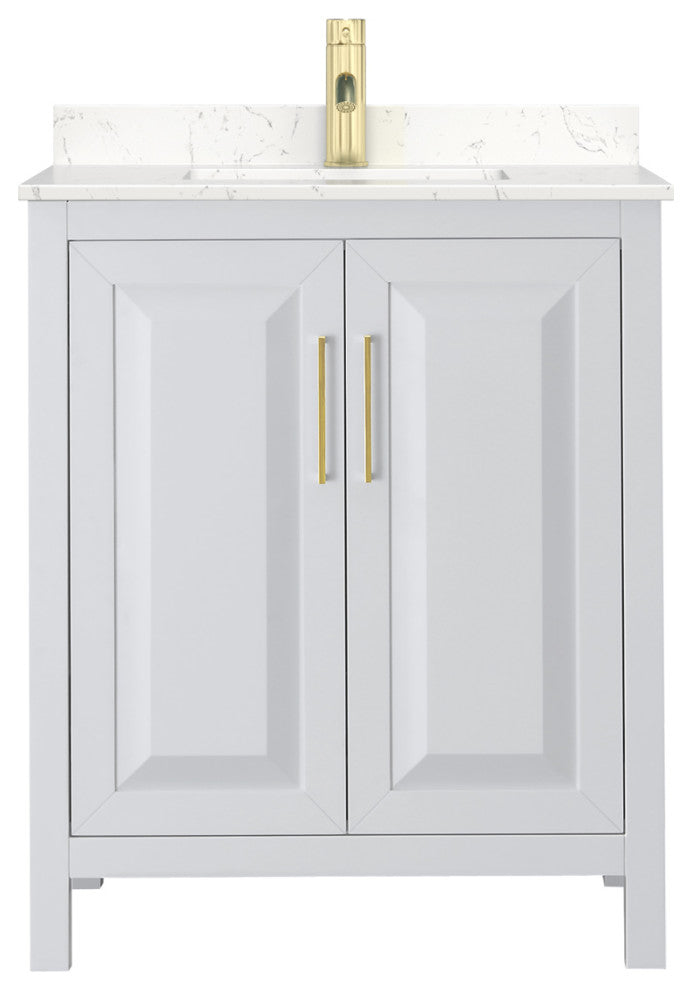 30"SGL Vanity White, Light-Vein Carrara Cult. Marble Countertop, Sink, Gold Trim