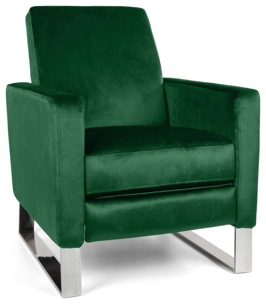 Modern Velvet High Leg Recliner with Stainless Steel Legs, Push-Back Design, Emerald