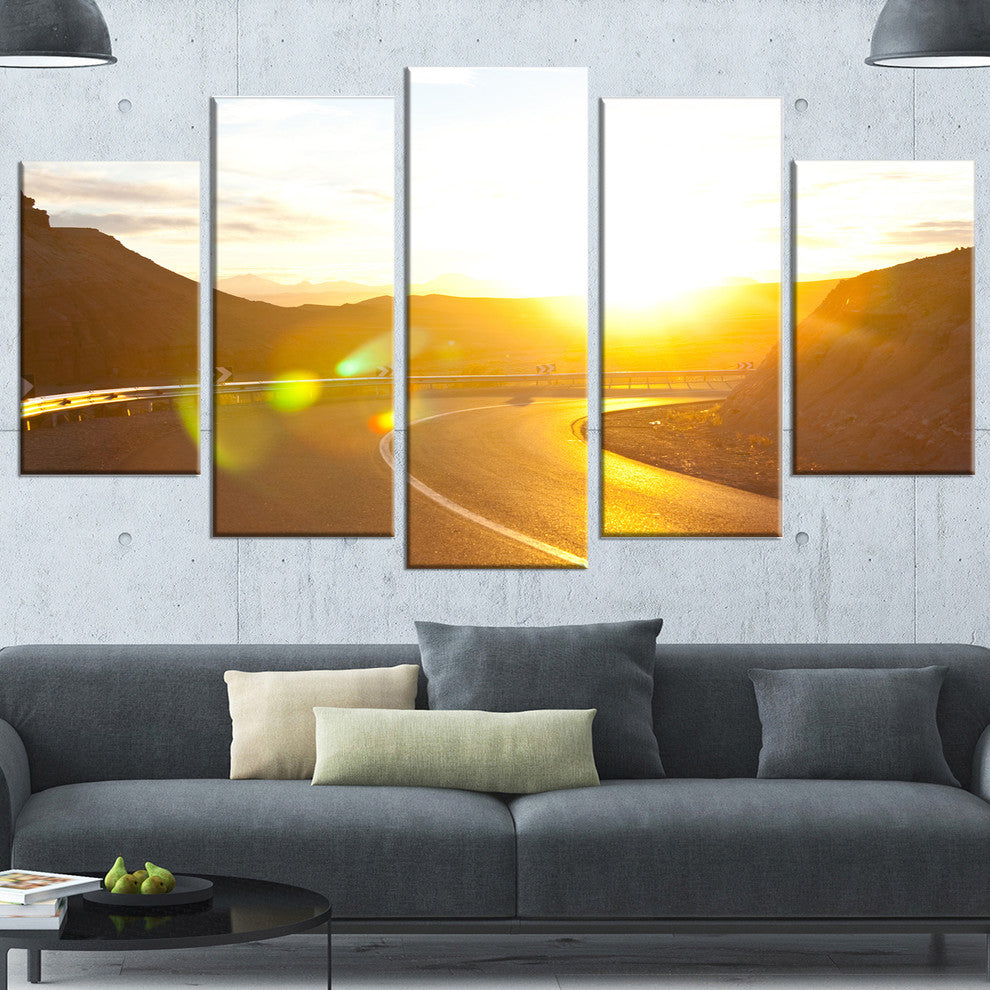Yellow Road under Sunset, Oversized Landscape Canvas Art, 60"x32", 5 Panels