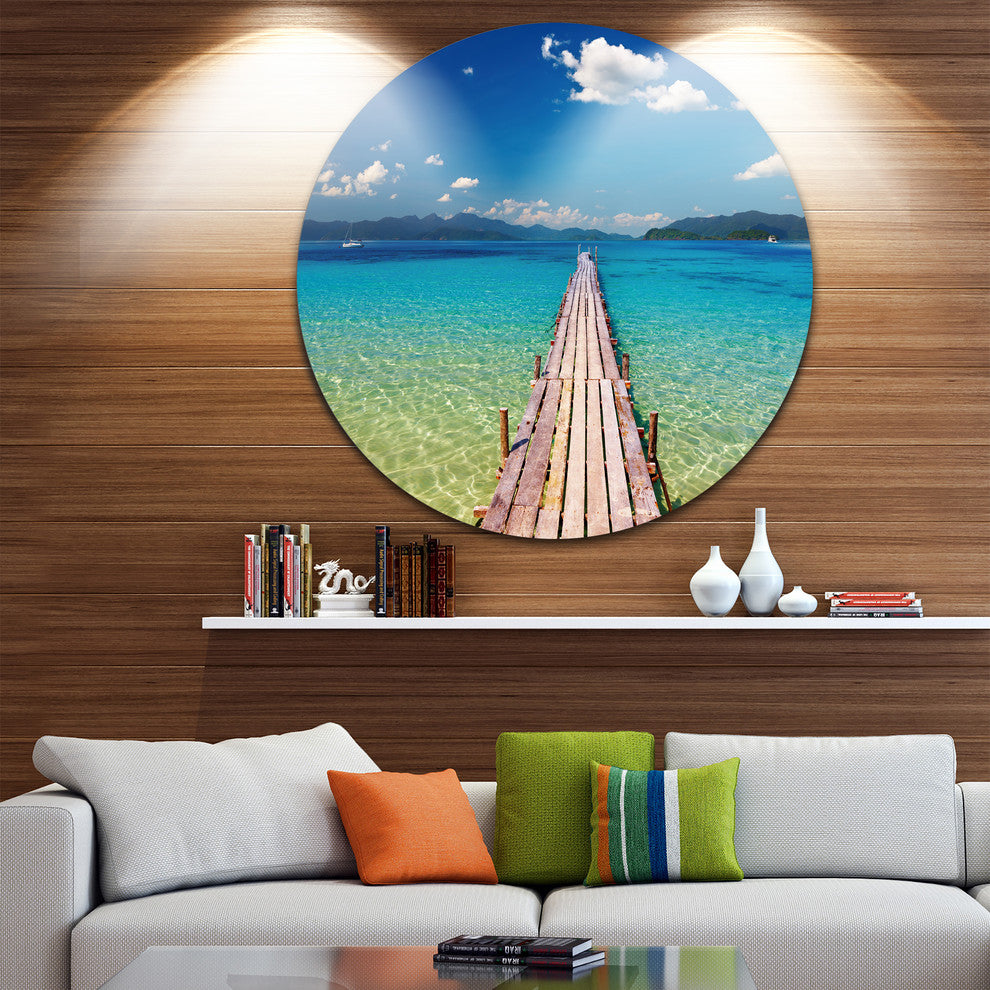 Wooden Pier In Tropical Paradise, Seascape Round Metal Wall Art, 23"