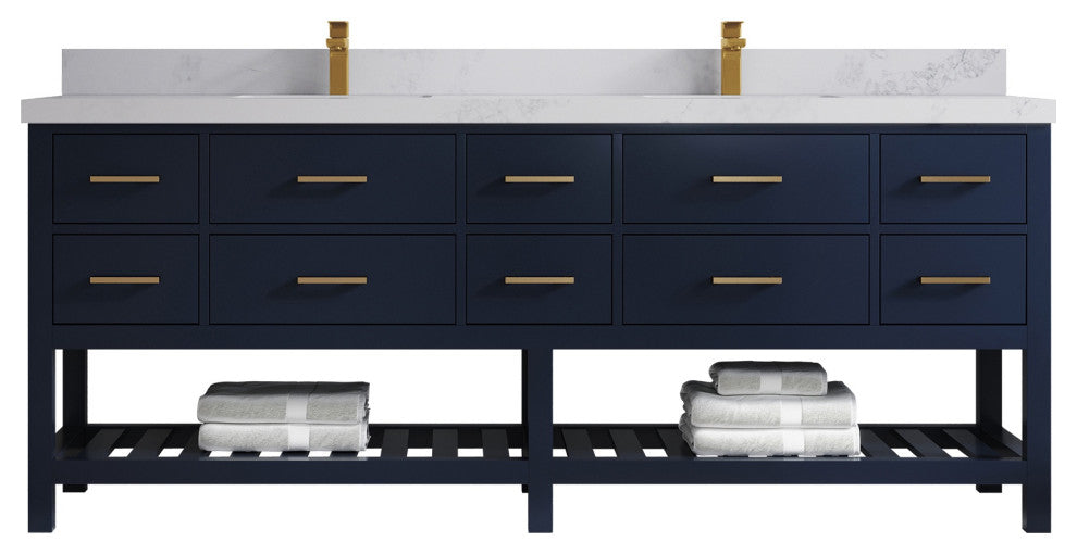 Parker 84 Double Sink Bathroom Vanity, Navy Blue 2" Calacatta Nuvo