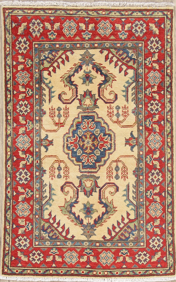 Pakistani Hand-Knotted Oriental Kazak Traditional Area Rug, Beige, 4'3"X2'8"