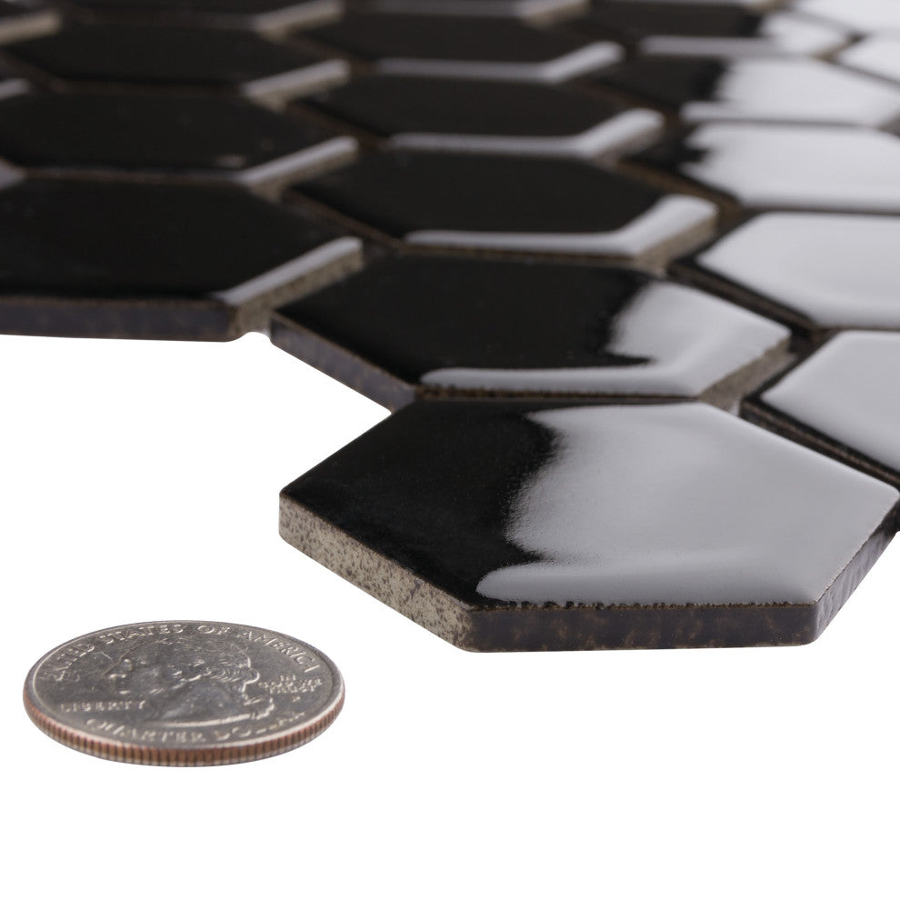 Hudson Due 2" Hex Glossy Black Porcelain Floor and Wall Tile