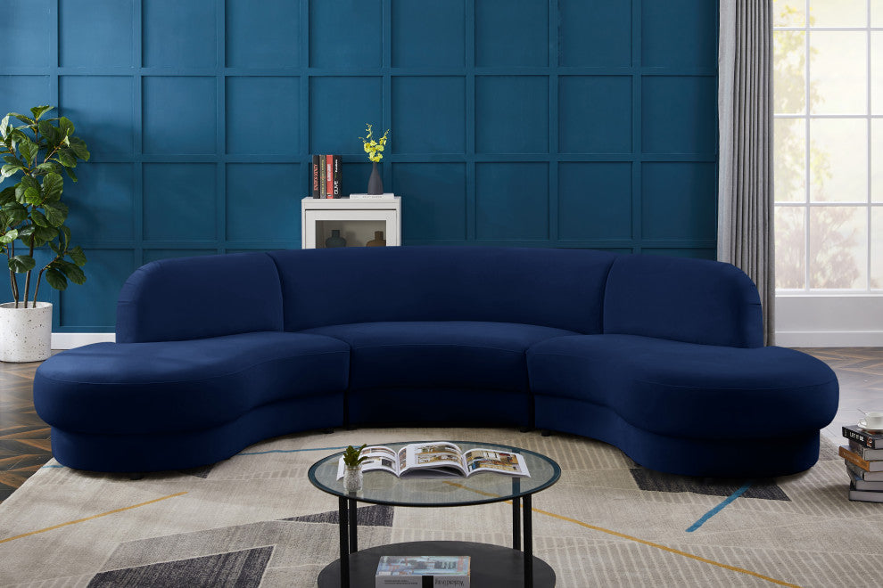 Rosa Velvet Upholstered 3-Piece Sectional, Navy