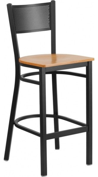 HERCULES Series Black Grid Back Metal Restaurant Barstool, Natural Wood Seat