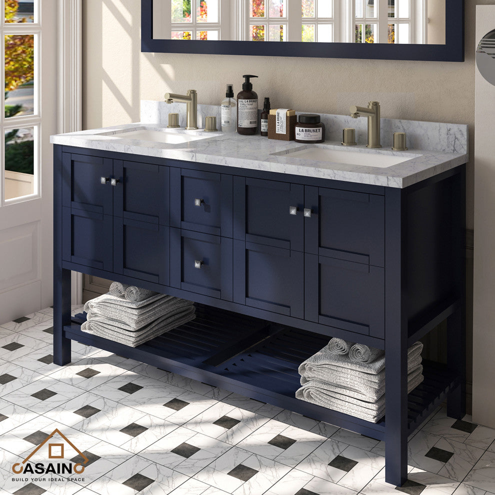Single Sink Solid Wood Bath Vanity with Natural Marble Top and Mirror, 60in