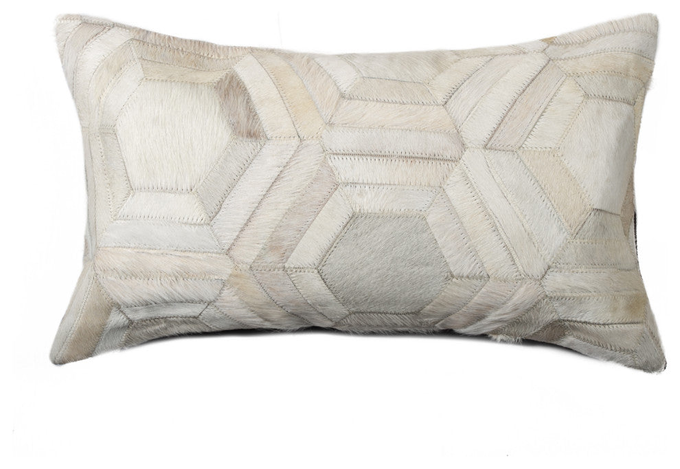 HomeRoots 12" x 20" x 5" White Hexagon Torino Kobe Cowhide Pillow
